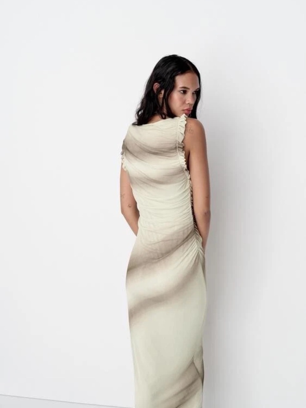Zara Sleeveless Draped Maxi Dress in Cream and Taupe - Picture 2 of 11